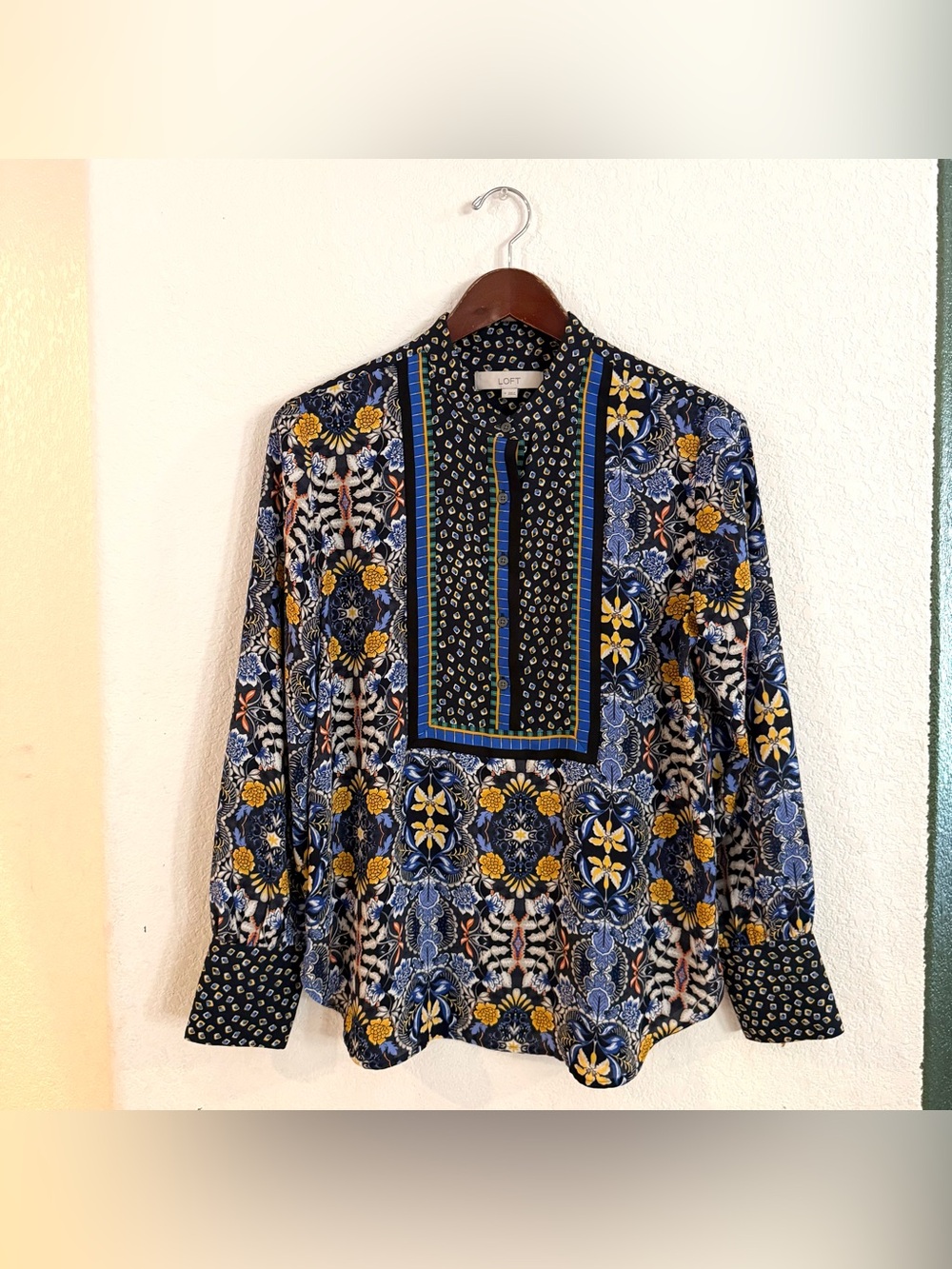 Loft Womens Shirt Blouse Blue Yellow Floral Long Sleeve Popover Size Medium